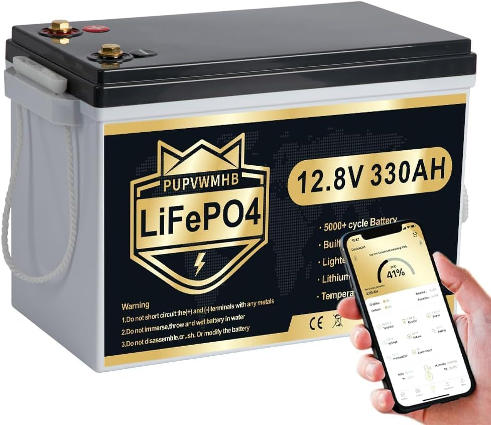 12V 330Ah MINI Lifepo4 Lithium Battery, Bluetooth Lithium Battery, 200A BMS, up to 15000 Cycles, Max.4224Wh Energy with Low Temp Cut Off, Perfect for RV, Solar, Trolling Motor