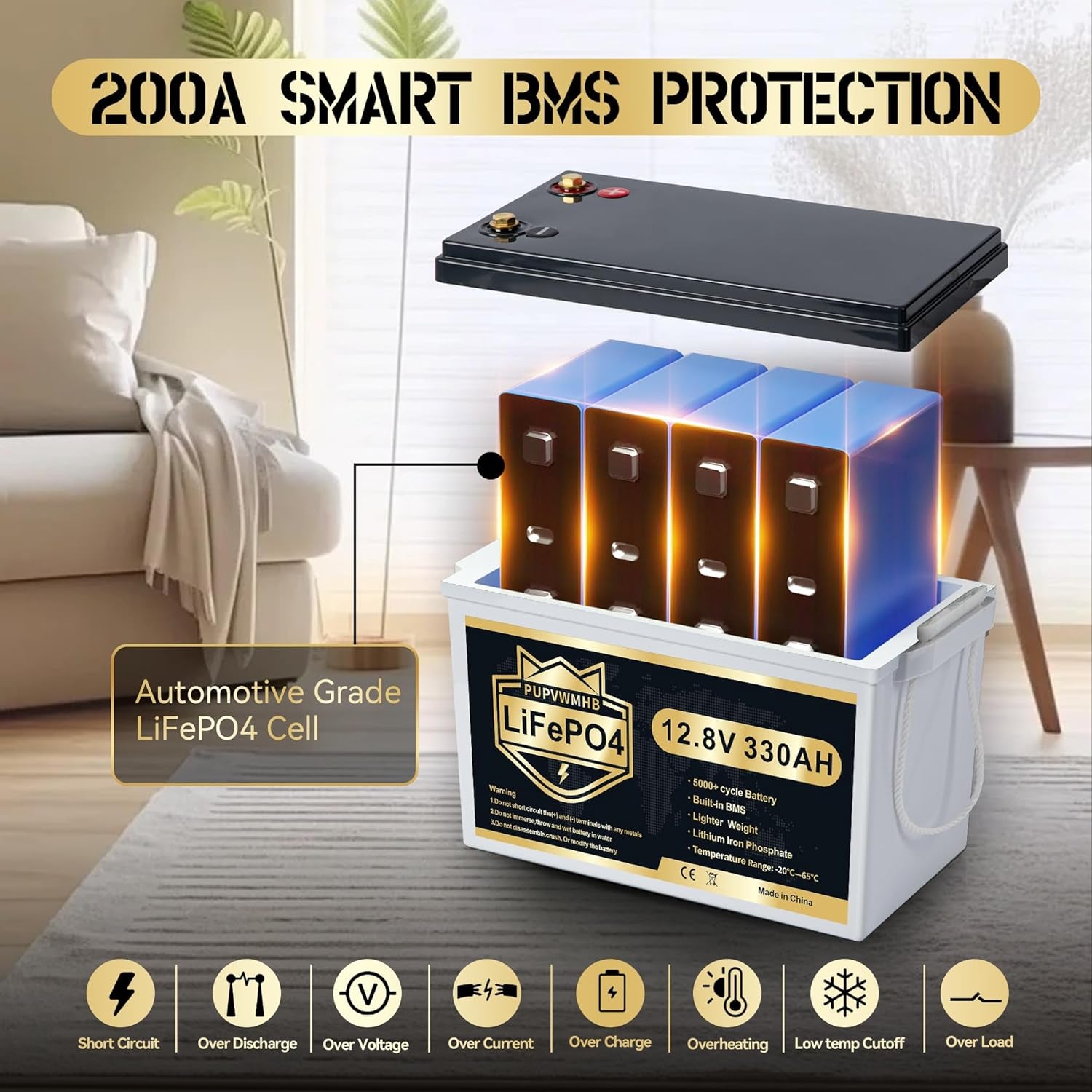 12V 330Ah MINI Lifepo4 Lithium Battery, Bluetooth Lithium Battery, 200A BMS, up to 15000 Cycles, Max.4224Wh Energy with Low Temp Cut Off, Perfect for RV, Solar, Trolling Motor