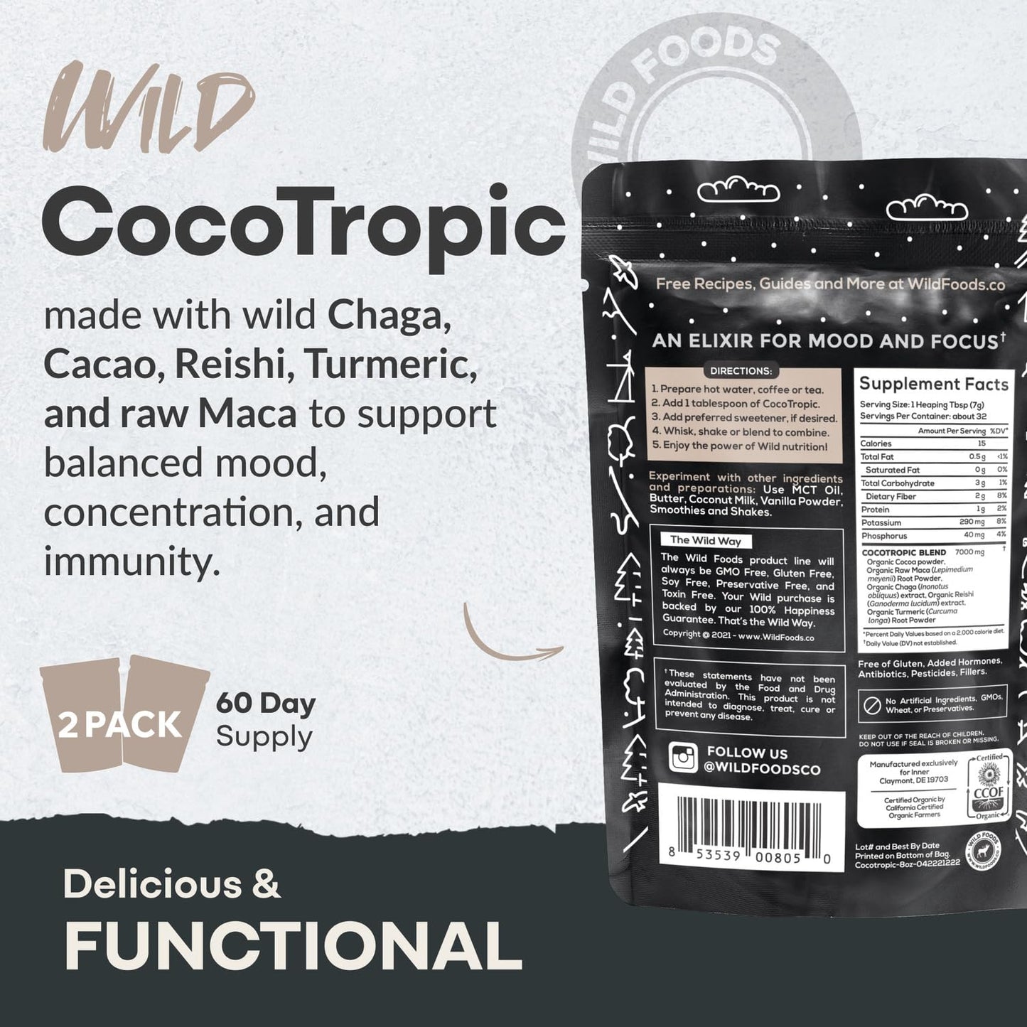 Organic Cocotropic Superfood Mushroom Hot Chocolate Mix, 8 Oz | Non-Gmo, Vegan, Gluten Free, Reishi Mushrooms, Chaga