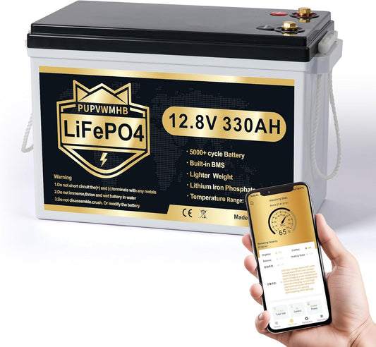 12V 330Ah MINI Lifepo4 Lithium Battery, Bluetooth Lithium Battery, 200A BMS, up to 15000 Cycles, Max.4224Wh Energy with Low Temp Cut Off, Perfect for RV, Solar, Trolling Motor