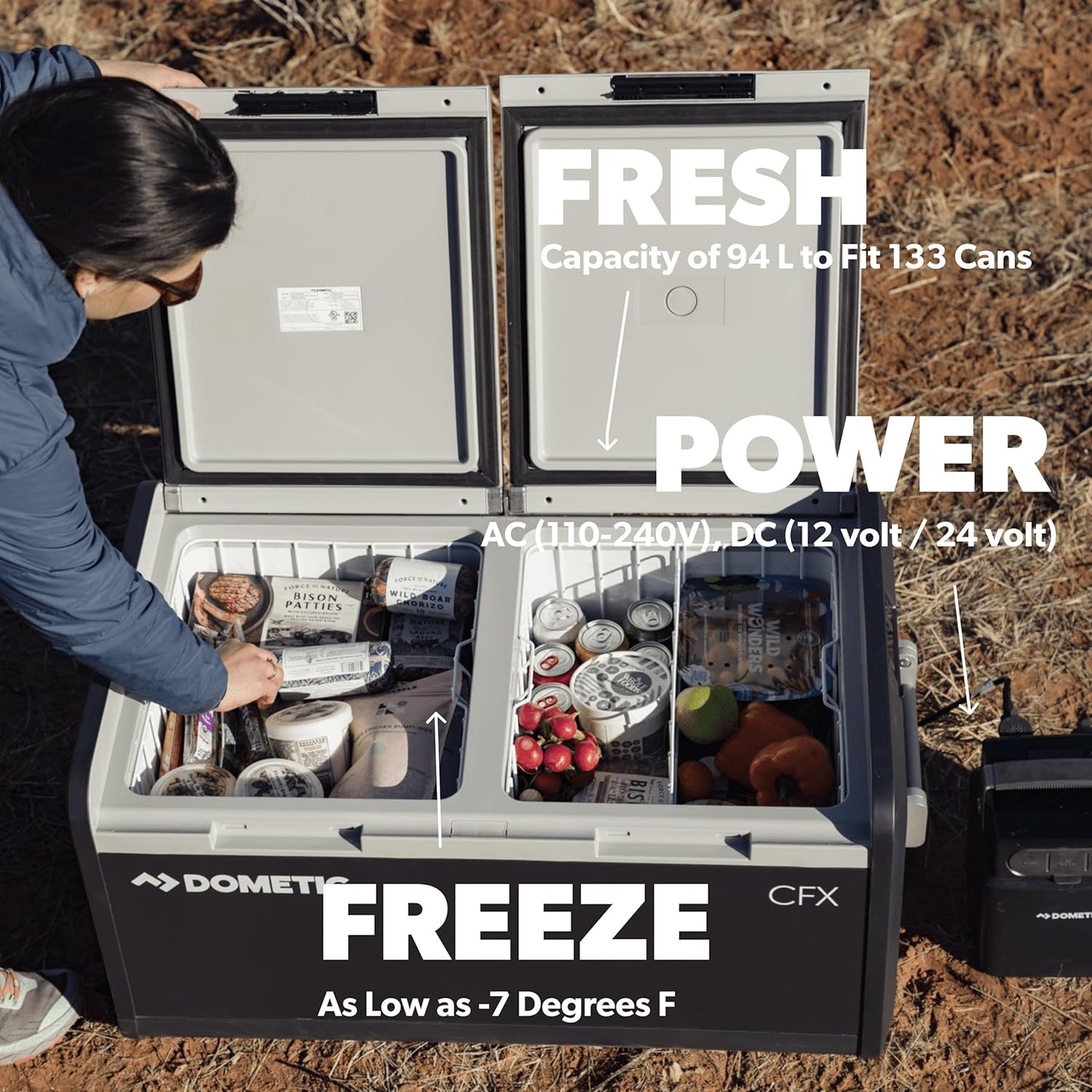 CFX3 95DZ, 95 Liter Dual Zone Portable Refrigerator and Freezer, Powered by AC/DC or Solar