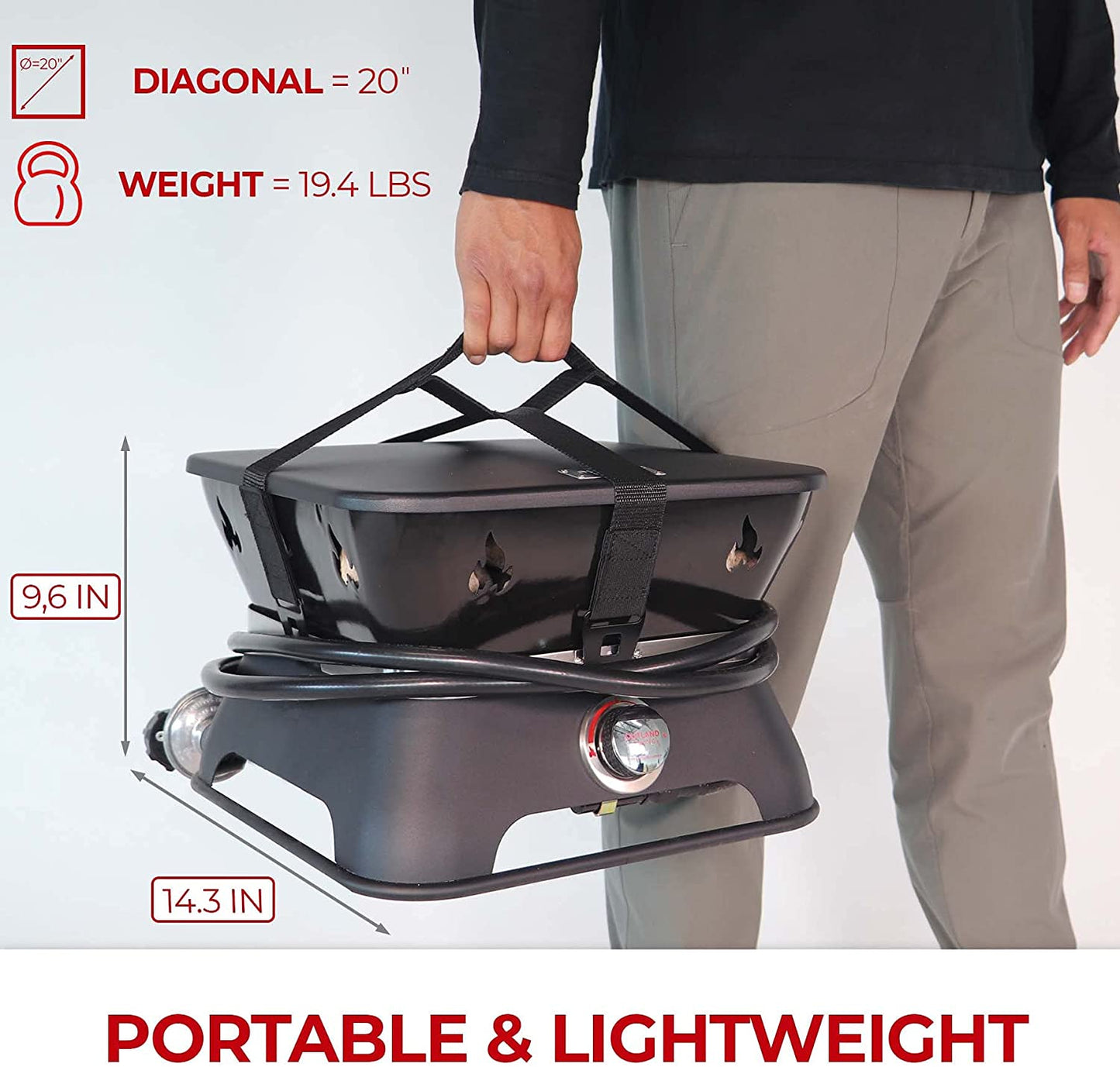 Firecube 805 Portable 14-Inch Square Propane Gas Fire Pit for Camping with Cover, Carry Kit and Lava Rock Stones, 58,000 BTU, Black