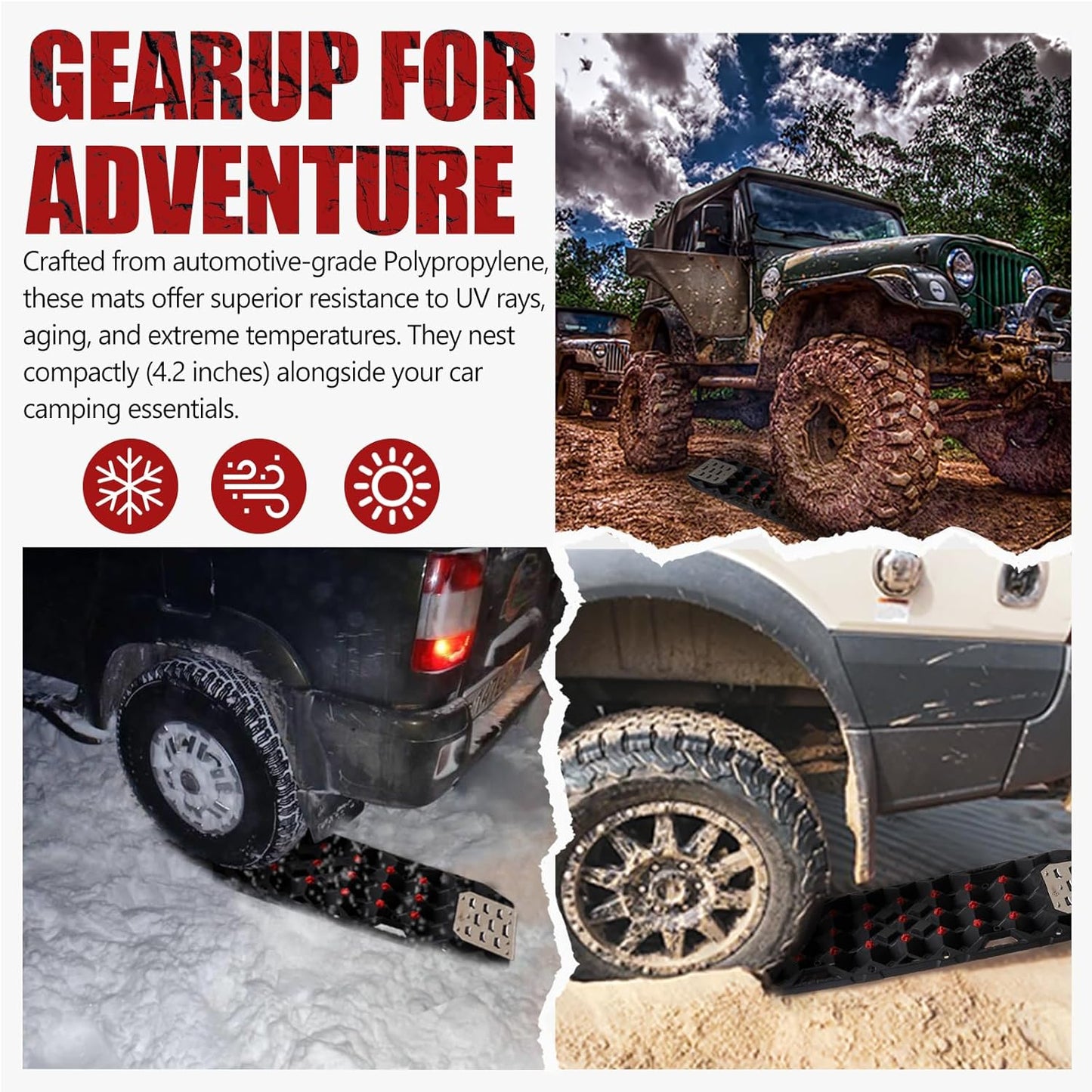 BUNKER INDUST Offroad Traction Boards with Jack Base,Pair 47.24"L x 14"W Recovery Tracks for 4x4 Vehicles Tire Traction Mat -Sand,Mud,Snow Ramps(Replaceable Dual Colors Teeth/Rugged Steel Plate)Black