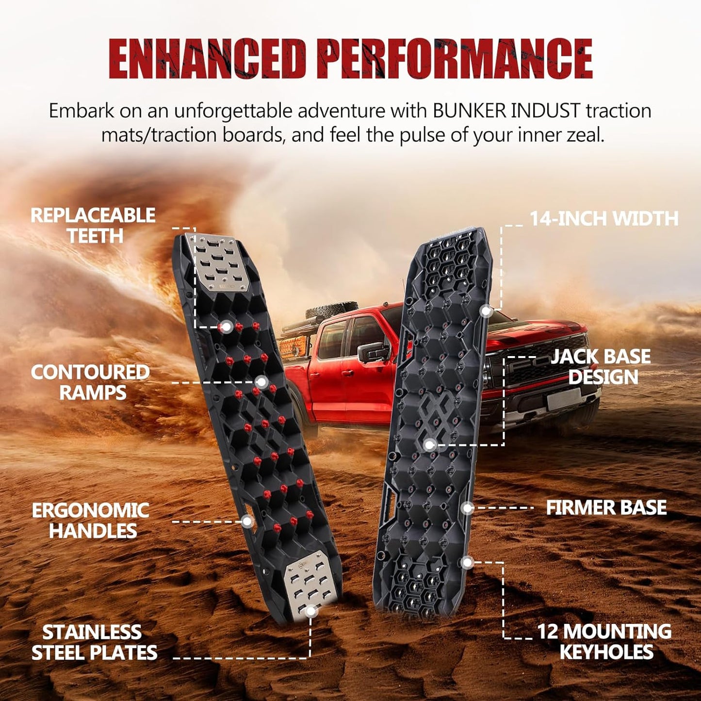 BUNKER INDUST Offroad Traction Boards with Jack Base,Pair 47.24"L x 14"W Recovery Tracks for 4x4 Vehicles Tire Traction Mat -Sand,Mud,Snow Ramps(Replaceable Dual Colors Teeth/Rugged Steel Plate)Black