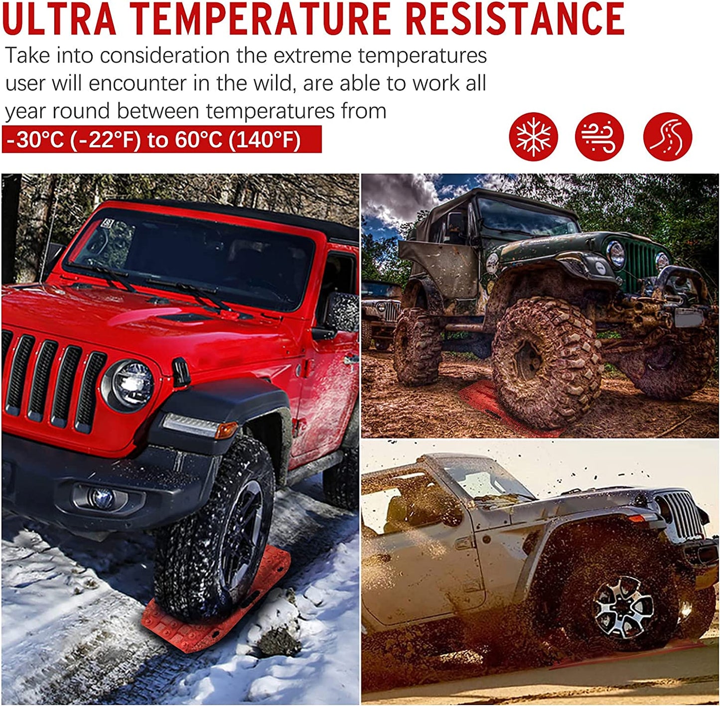 off Road Traction Boads, 2 Pcs Short Recovery Track Traction Mats for 4WD Mud, Sand, Snow Ramps-Red Tire Traction Tool (Without Strap)