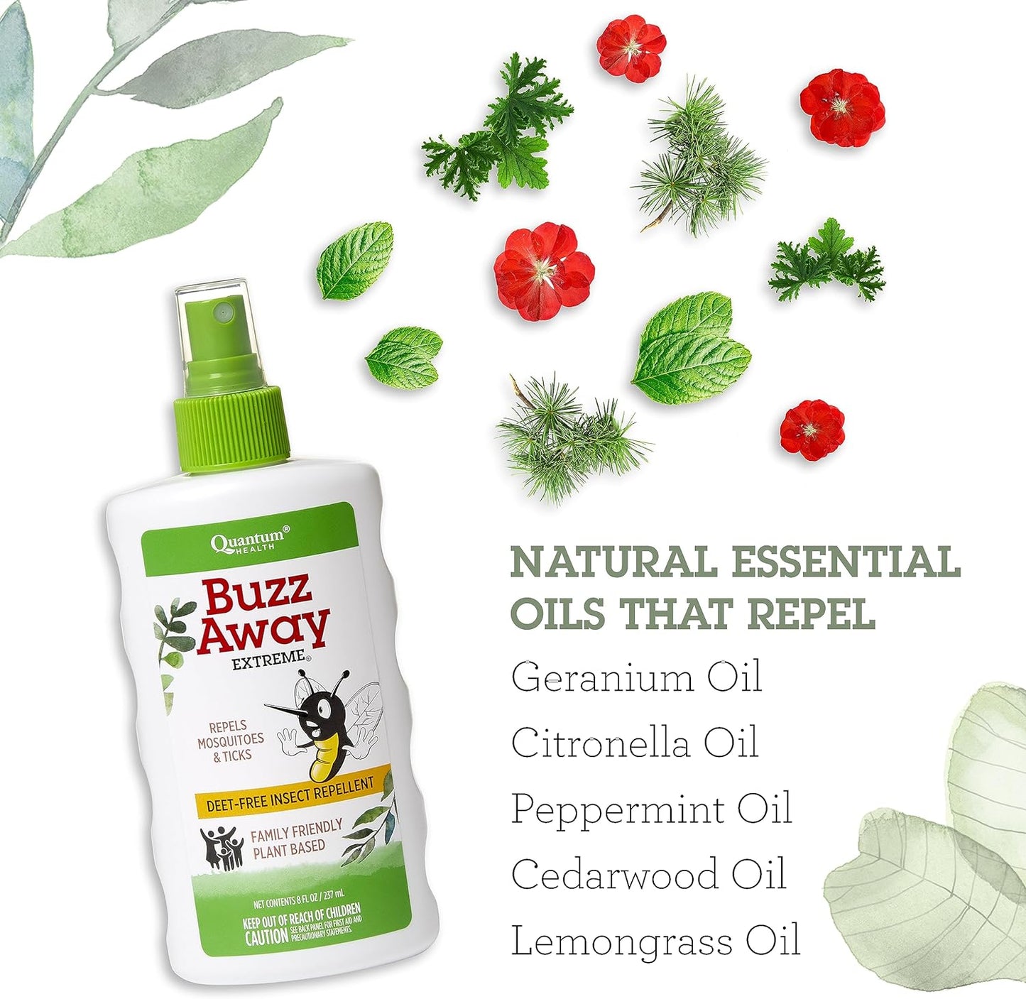Health Buzz Away Extreme Insect Repellent DEET Free Cedarwood Lemongrass & Citronella Oil Outdoor Mosquito & Tick Bug Spray Powerful Plants Repel Bugs off Your Skin, Safe for Kids - 8 Ounce
