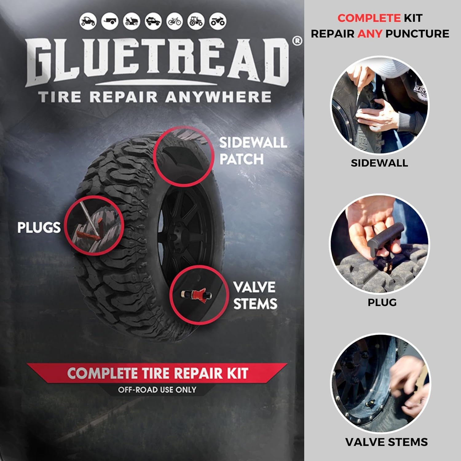 Gluetread Complete Off-Road Tire Repair Kit | Repair Any Kind of Puncture | Kit Includes Sidewall Tire Repair Patches, Plugs and Colby Emergency Valve Stems