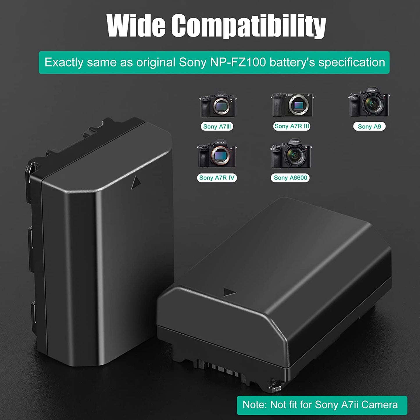 NP-FZ100 Battery Replacement and A7Iii Battery Charger for Sony A7 III, Sony A1, Alpha A7R III, A7R IV, A9, A9 II, A6600, Alpha 9S, A7R3 A7S III, A7R III Battery, 2 Packs