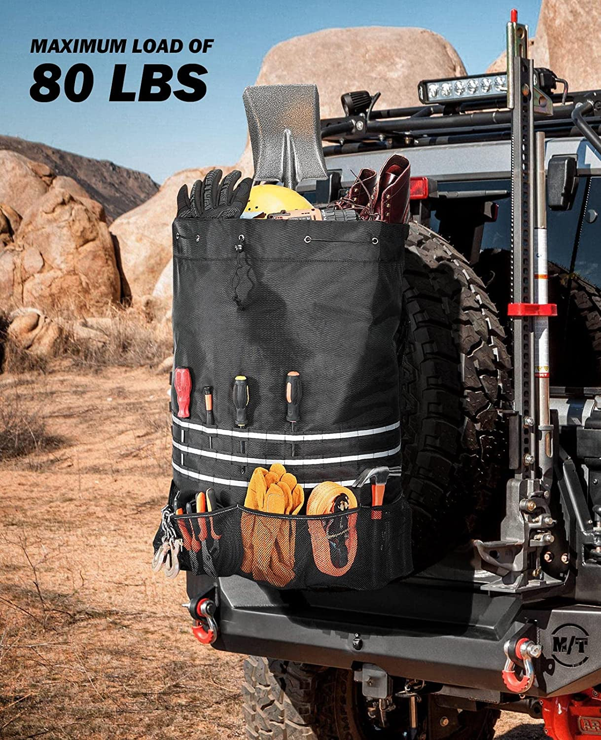 Spare Tire Trash Bag, Upgraded Fits 40" Tire 31 Gallons Overland Series Larger Capacity Cargo Spare Tire Storage Bag for 4X4 Off-Road Camping Recovery Gear Firewood for Wrangler JK JKU JL