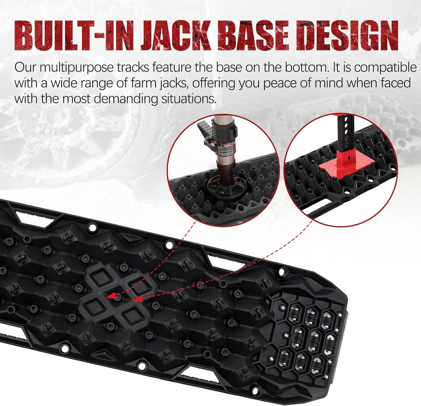 BUNKER INDUST Offroad Traction Boards with Jack Base,Pair 47.24"L x 14"W Recovery Tracks for 4x4 Vehicles Tire Traction Mat -Sand,Mud,Snow Ramps(Replaceable Dual Colors Teeth/Rugged Steel Plate)Black