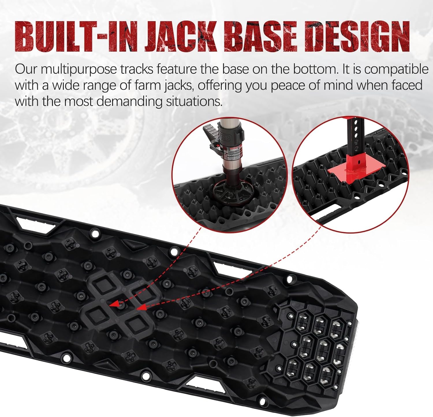 BUNKER INDUST Offroad Traction Boards with Jack Base,Pair 47.24"L x 14"W Recovery Tracks for 4x4 Vehicles Tire Traction Mat -Sand,Mud,Snow Ramps(Replaceable Dual Colors Teeth/Rugged Steel Plate)Black