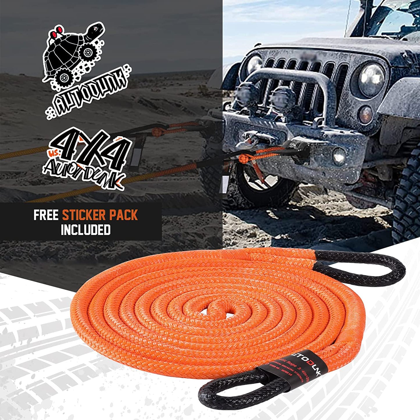 1" X 30' Kinetic Recovery & Tow Rope (33,000Lbs), with 2 Soft Shackles (33,000Lbs) Offroad Recovery Kit for 4WD Pick up Truck, SUV, ATV, UTV (Orange)