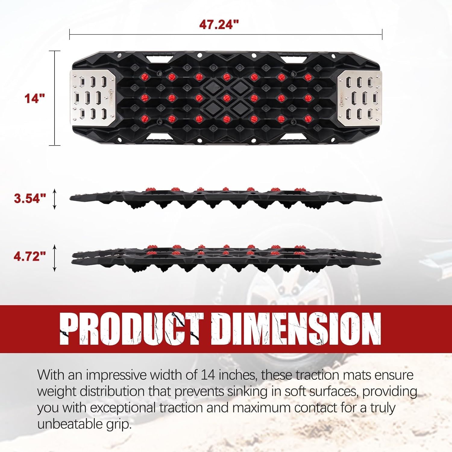 BUNKER INDUST Offroad Traction Boards with Jack Base,Pair 47.24"L x 14"W Recovery Tracks for 4x4 Vehicles Tire Traction Mat -Sand,Mud,Snow Ramps(Replaceable Dual Colors Teeth/Rugged Steel Plate)Black