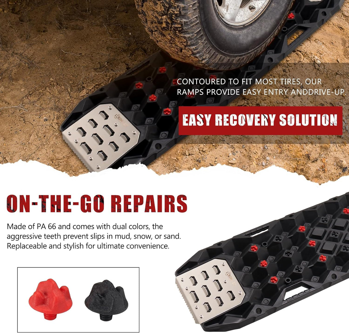 BUNKER INDUST Offroad Traction Boards with Jack Base,Pair 47.24"L x 14"W Recovery Tracks for 4x4 Vehicles Tire Traction Mat -Sand,Mud,Snow Ramps(Replaceable Dual Colors Teeth/Rugged Steel Plate)Black