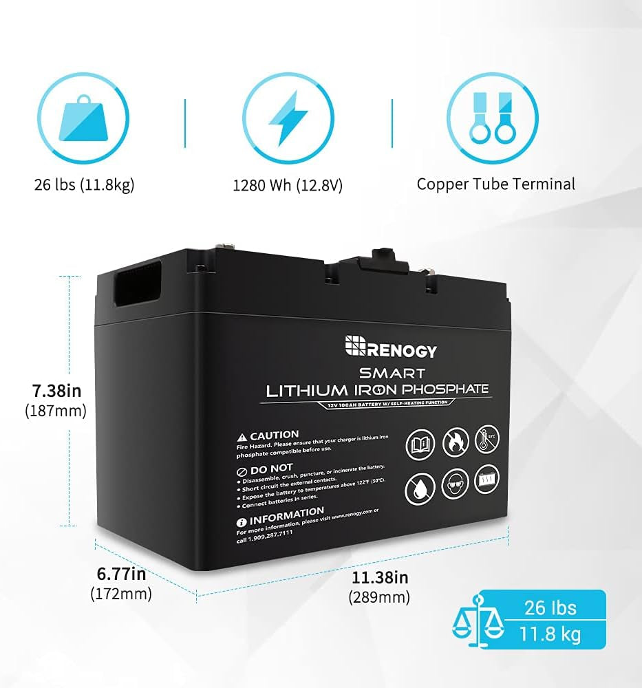 2 Pack Smart Lithium-Iron Phosphate Battery 12V 100Ah W/Self-Heating Function for RV, Solar, Marine, and Off-Grid Applications