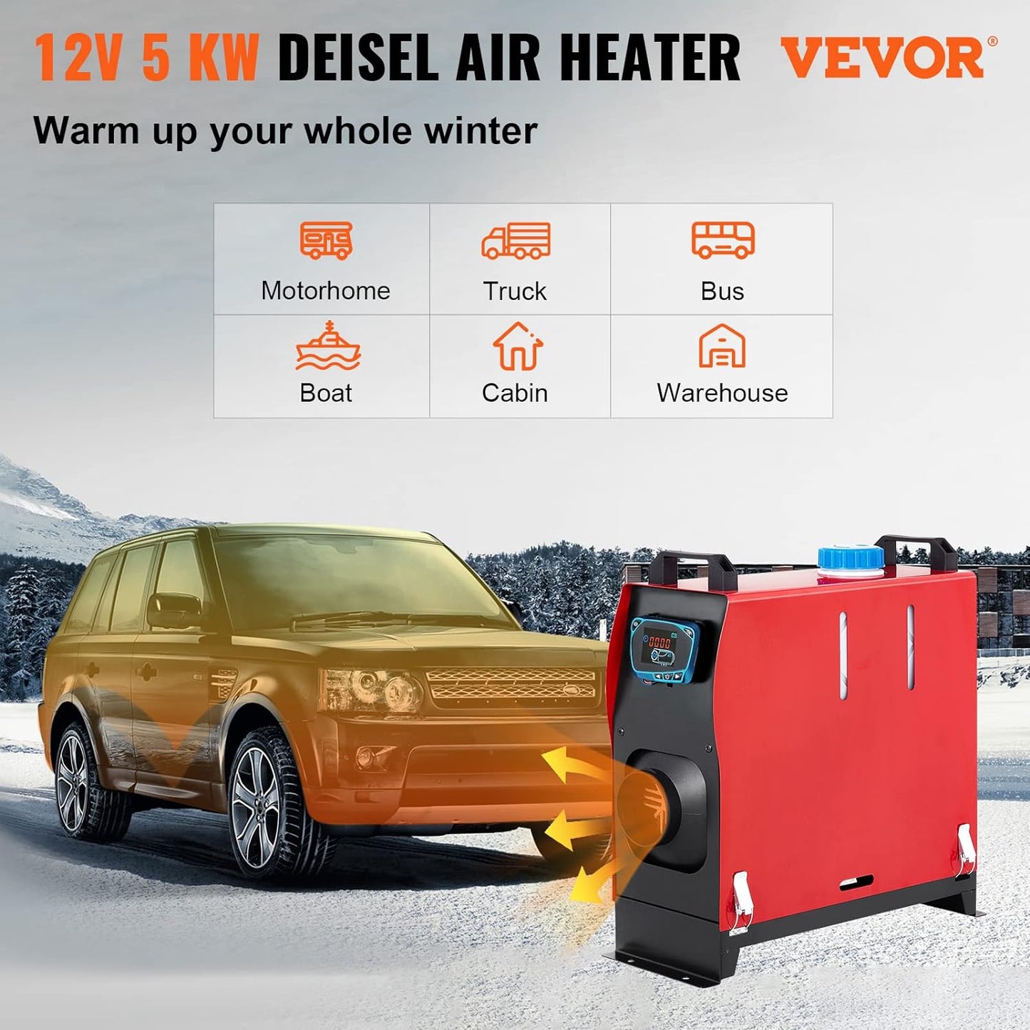 Diesel Air Heater, 12 V 5KW All in One Bunk Parking Heater, with Remote Control, LCD Thermostat Monitor, Silencer and Large Air Outlet for RV Trucks Bus and Trailer