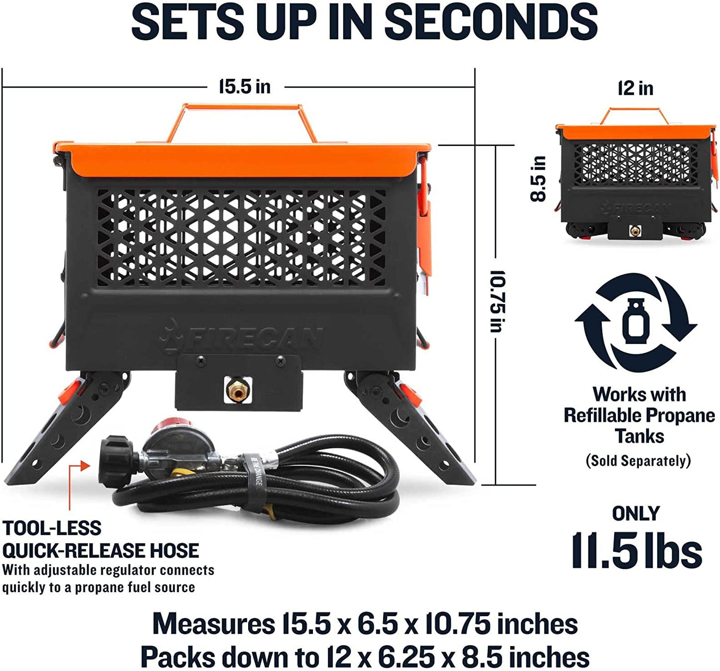 Firecan Portable Propane Fire Pit with Hose and Adjustable Regulator