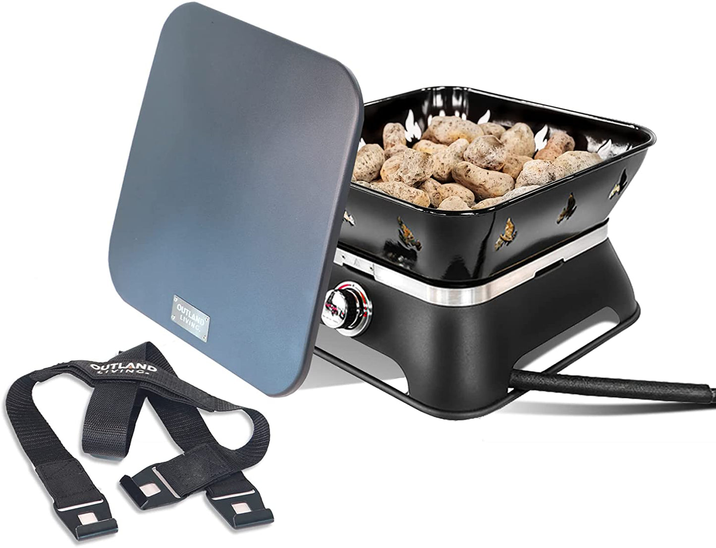 Firecube 805 Portable 14-Inch Square Propane Gas Fire Pit for Camping with Cover, Carry Kit and Lava Rock Stones, 58,000 BTU, Black