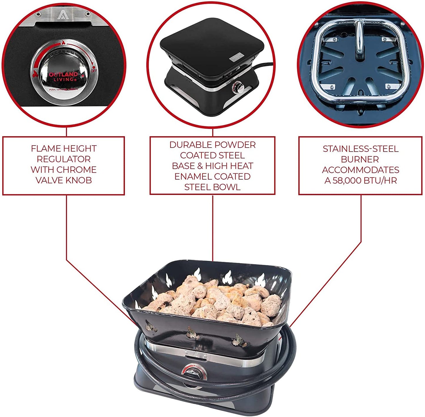 Firecube 805 Portable 14-Inch Square Propane Gas Fire Pit for Camping with Cover, Carry Kit and Lava Rock Stones, 58,000 BTU, Black