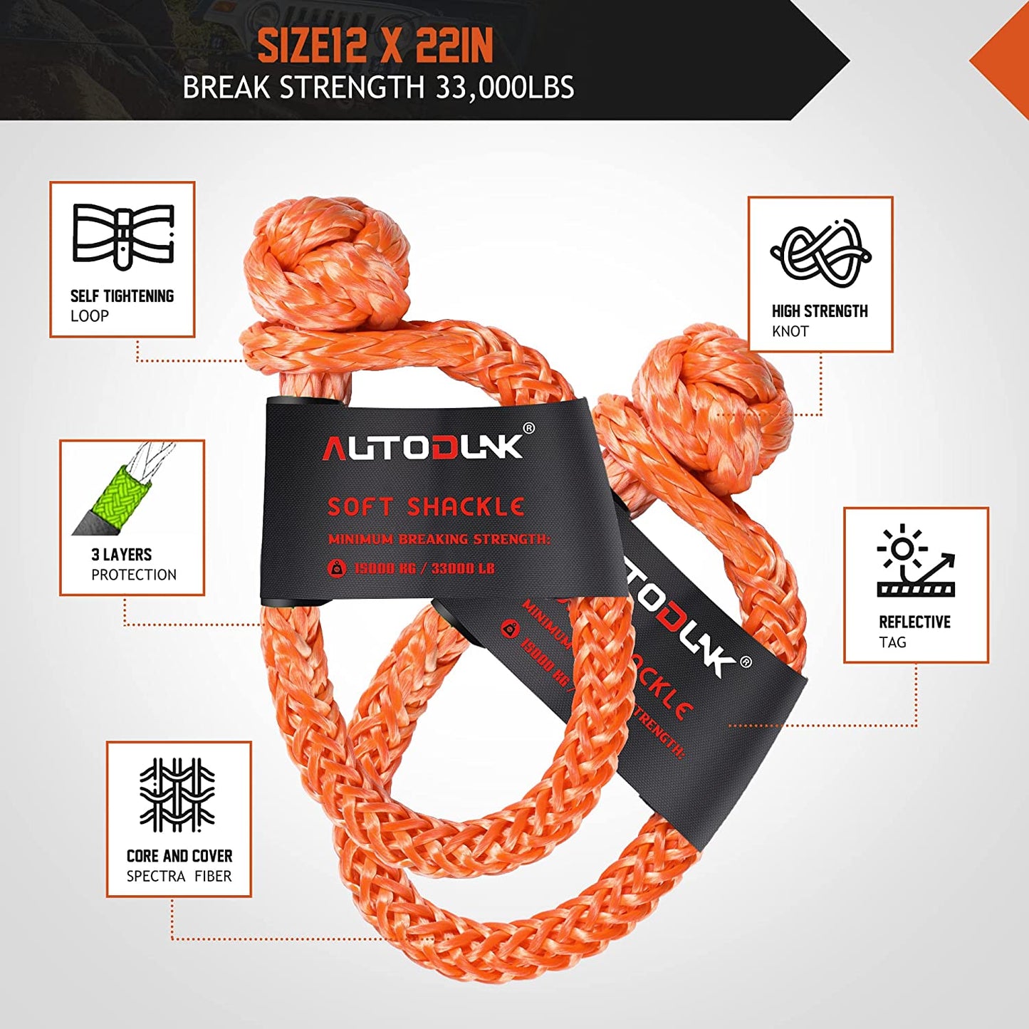 1" X 30' Kinetic Recovery & Tow Rope (33,000Lbs), with 2 Soft Shackles (33,000Lbs) Offroad Recovery Kit for 4WD Pick up Truck, SUV, ATV, UTV (Orange)