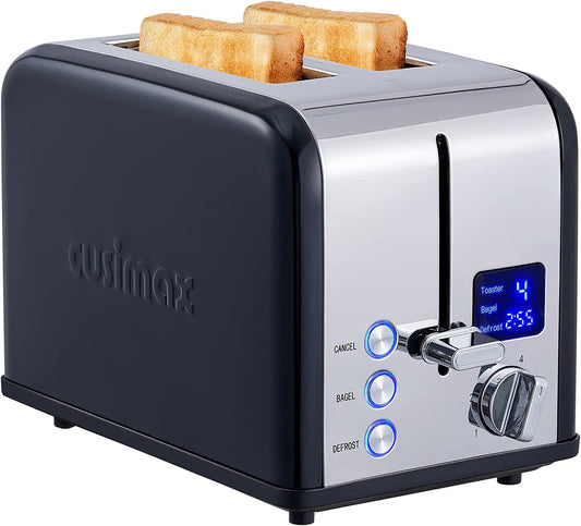 Toaster 2 Slice,  Stainless Steel Toaster with Large LED Display, Bread Toaster 1.5'' Extra-Wide Slots with 6 Browning Settings, Cancel/Bagel/Defrost Function, Removable Crumb Tray, Black