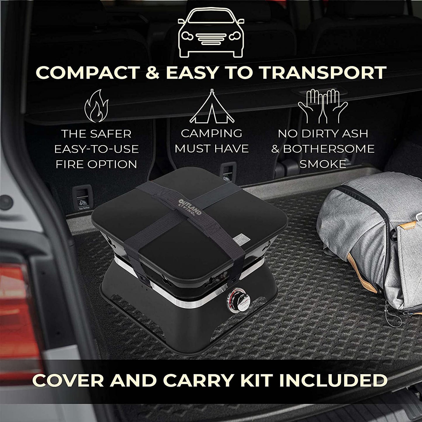 Firecube 805 Portable 14-Inch Square Propane Gas Fire Pit for Camping with Cover, Carry Kit and Lava Rock Stones, 58,000 BTU, Black