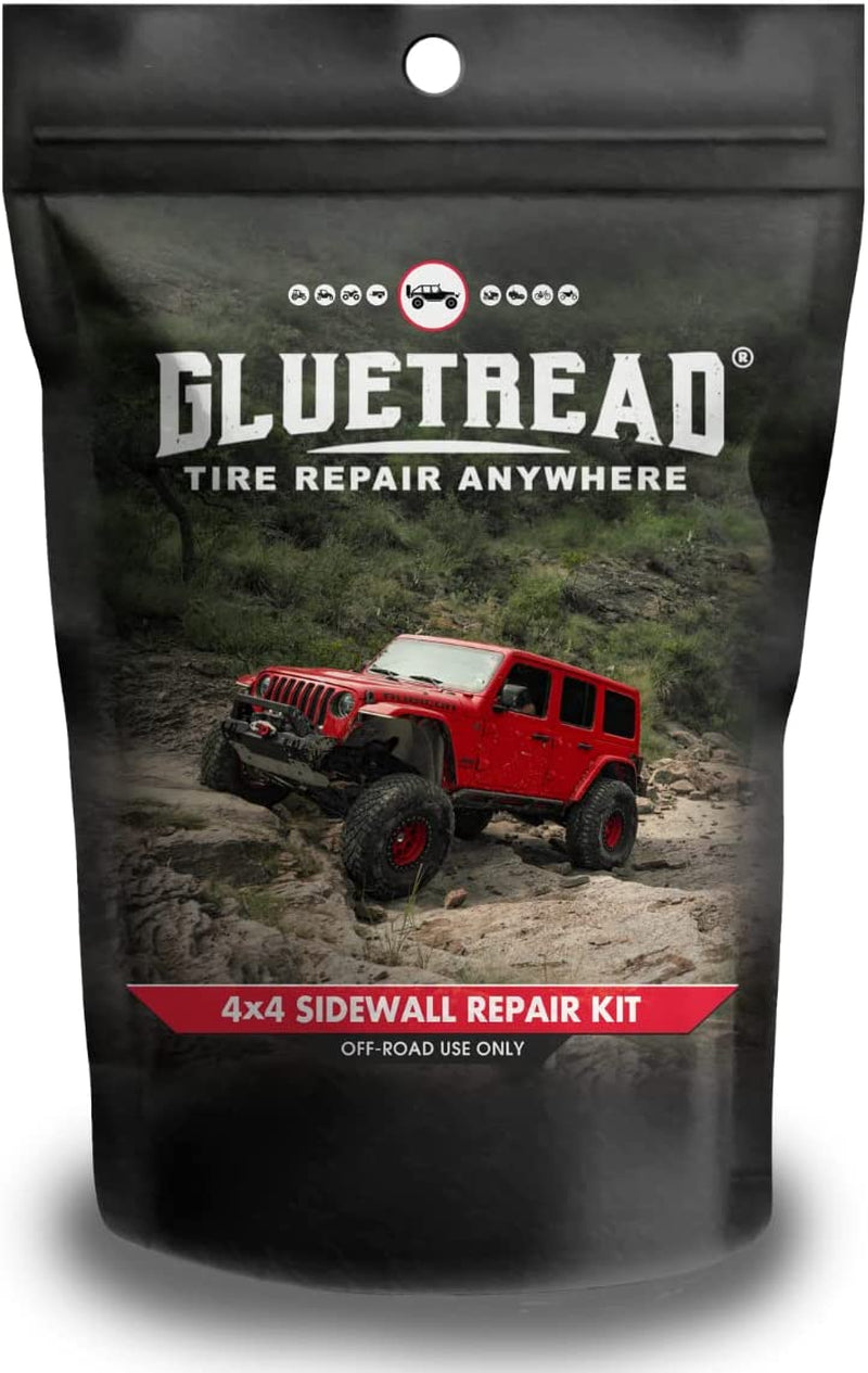 Gluetread 4X4 Sidewall Emergency Tire Repair Kit | Puncture Repair Anywhere | No Need to Remove Tire | Sidewall Tubeless Tire Patch Kit | Includes Accelerator (Eliminates Curing Time)
