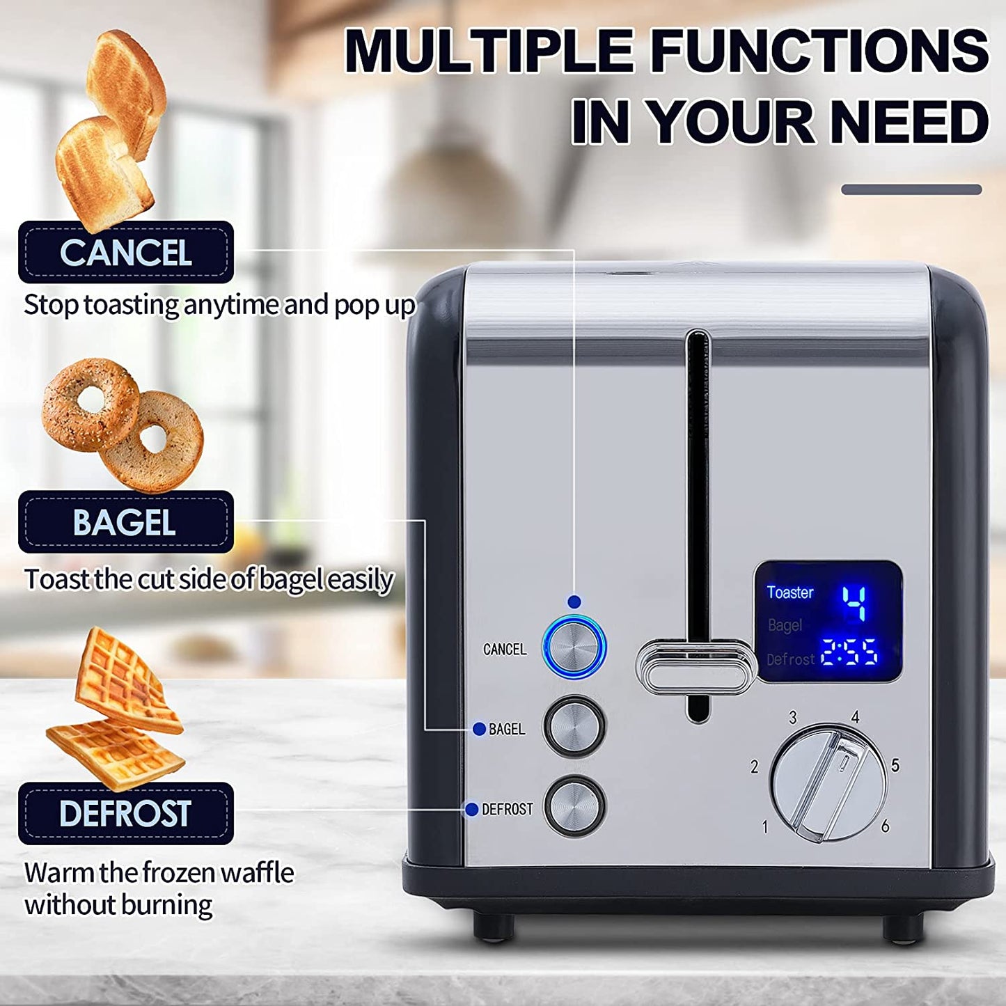 Toaster 2 Slice, Stainless Steel Toaster with Large LED Display, Bread Toaster 1.5'' Extra-Wide Slots with 6 Browning Settings, Cancel/Bagel/Defrost Function, Removable Crumb Tray, Black