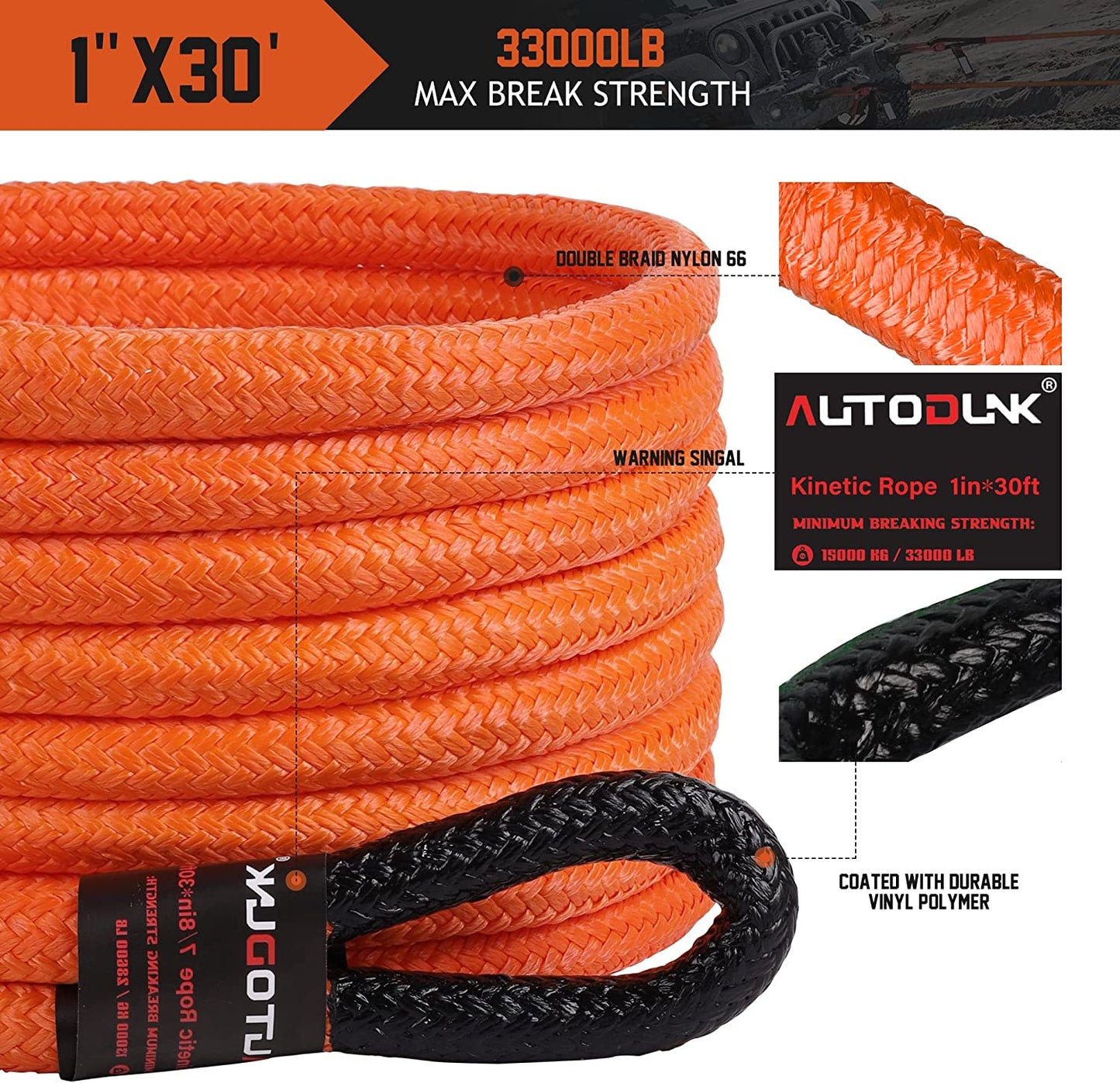 1" X 30' Kinetic Recovery & Tow Rope (33,000Lbs), with 2 Soft Shackles (33,000Lbs) Offroad Recovery Kit for 4WD Pick up Truck, SUV, ATV, UTV (Orange)