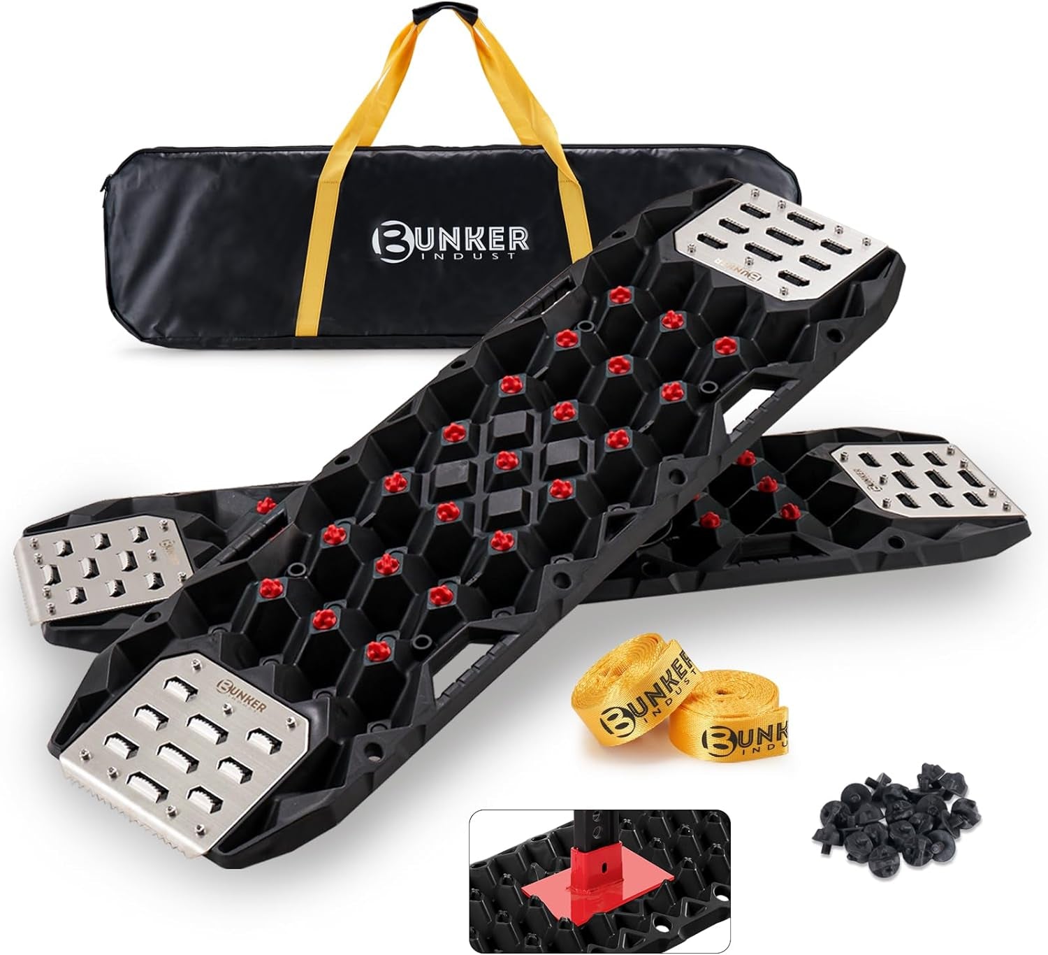 BUNKER INDUST Offroad Traction Boards with Jack Base,Pair 47.24"L x 14"W Recovery Tracks for 4x4 Vehicles Tire Traction Mat -Sand,Mud,Snow Ramps(Replaceable Dual Colors Teeth/Rugged Steel Plate)Black