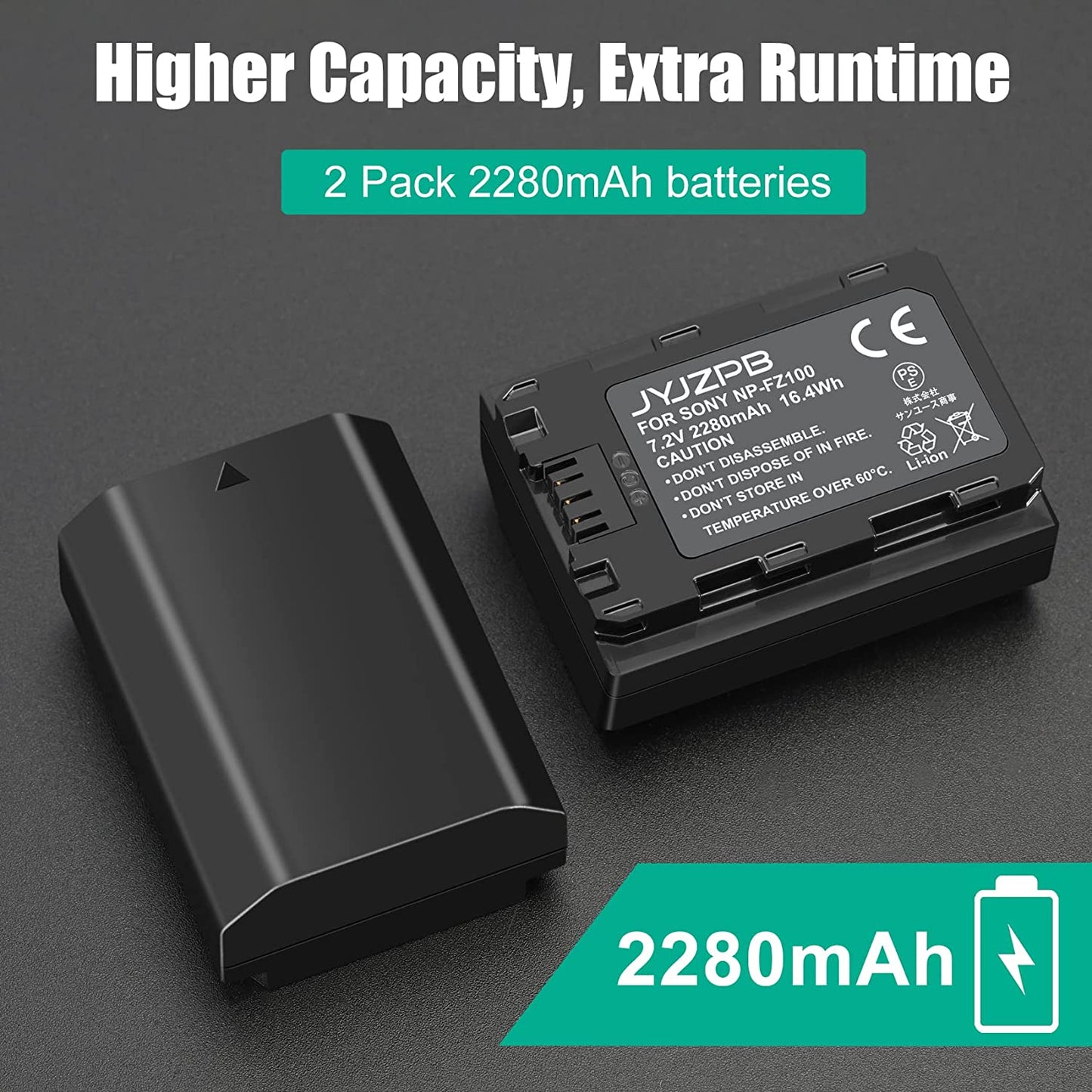 NP-FZ100 Battery Replacement and A7Iii Battery Charger for Sony A7 III, Sony A1, Alpha A7R III, A7R IV, A9, A9 II, A6600, Alpha 9S, A7R3 A7S III, A7R III Battery, 2 Packs