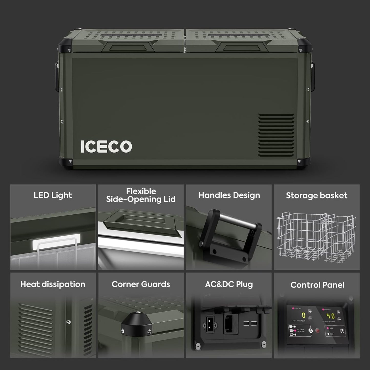 VL75 Prod 12V Refrigerator, Portable Freezer Fridge with AC/DC, 75L Dual Zone Car Fridge Powered by SECOP, 0℉ to 50℉, Electric Cooler for Car, Camping and Home Use [Olive Green Special Edition]