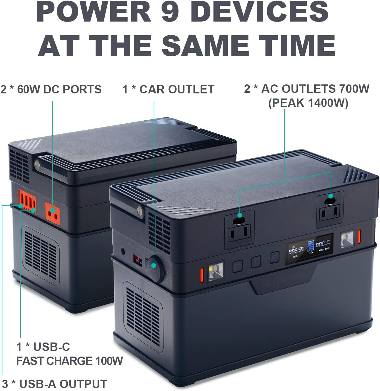 606Wh Portable Power Station 700W (Peak 1400W) Solar Generator MPPT Backup Battery with 2 AC Outlets PD 100W USB-C Emergency Power for Outdoor Camping RV Trips Home Off-Grid