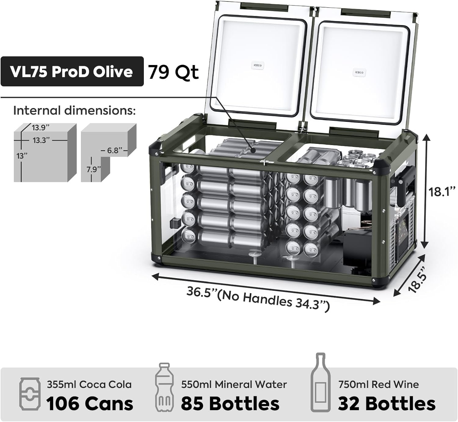 VL75 Prod 12V Refrigerator, Portable Freezer Fridge with AC/DC, 75L Dual Zone Car Fridge Powered by SECOP, 0℉ to 50℉, Electric Cooler for Car, Camping and Home Use [Olive Green Special Edition]