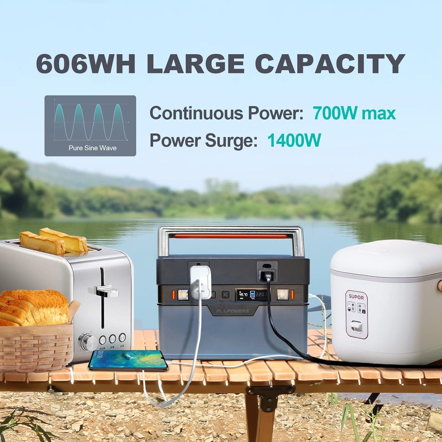 606Wh Portable Power Station 700W (Peak 1400W) Solar Generator MPPT Backup Battery with 2 AC Outlets PD 100W USB-C Emergency Power for Outdoor Camping RV Trips Home Off-Grid