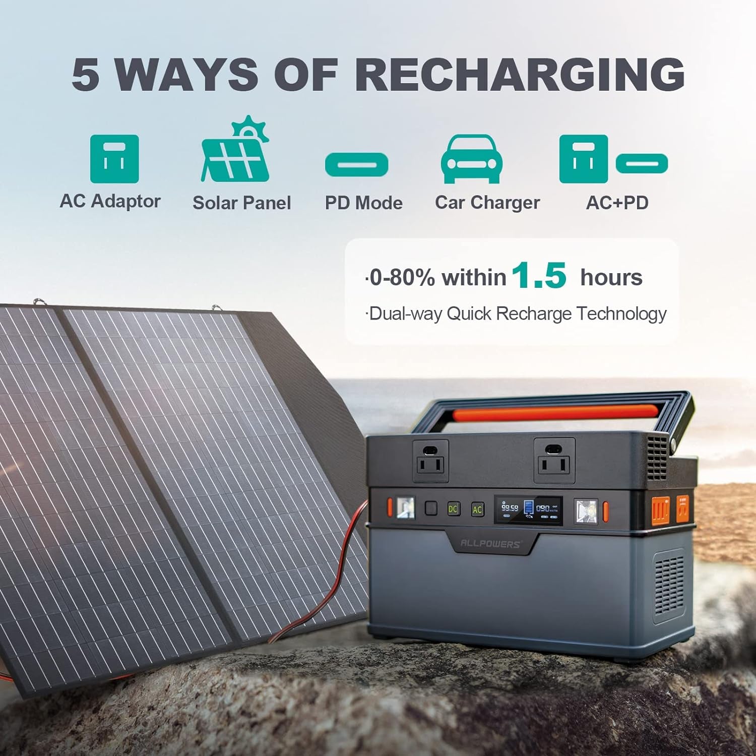 606Wh Portable Power Station 700W (Peak 1400W) Solar Generator MPPT Backup Battery with 2 AC Outlets PD 100W USB-C Emergency Power for Outdoor Camping RV Trips Home Off-Grid