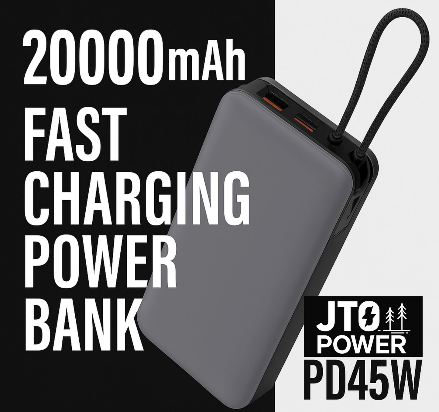 JTO 20,000 mAh Power Bank | Off-Grid Ready Portable Charger - BLACK