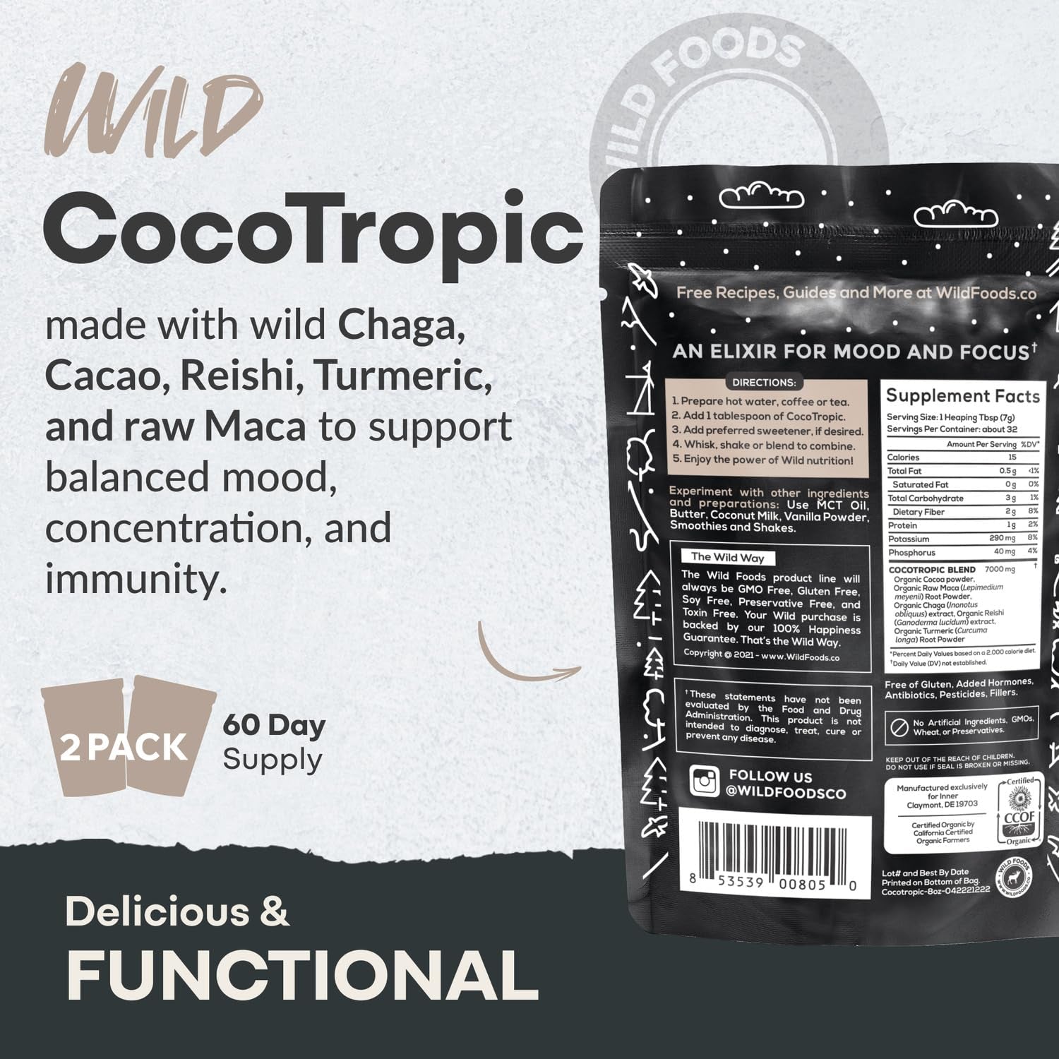 Organic Cocotropic Superfood Mushroom Hot Chocolate Mix, 8 Oz | Non-Gmo, Vegan, Gluten Free, Reishi Mushrooms, Chaga