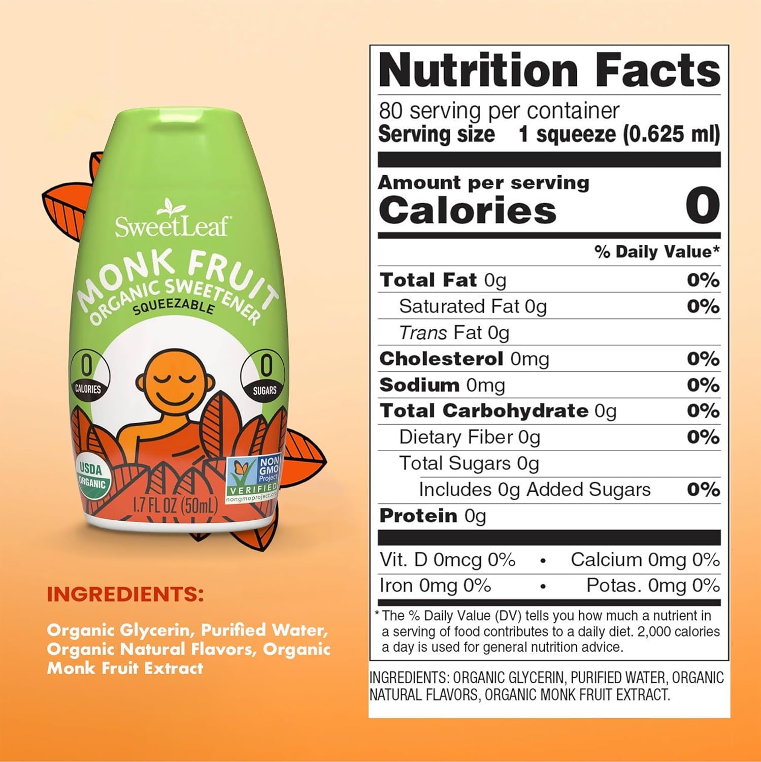 Unflavored Liquid Monk Fruit - Monk Fruit Liquid Sweetener Drops, Organic Monk Fruit Extract, Zero Calorie Sweetener, Sugar Free, Keto Friendly, Erythritol Free - 1.7 Fl Oz
