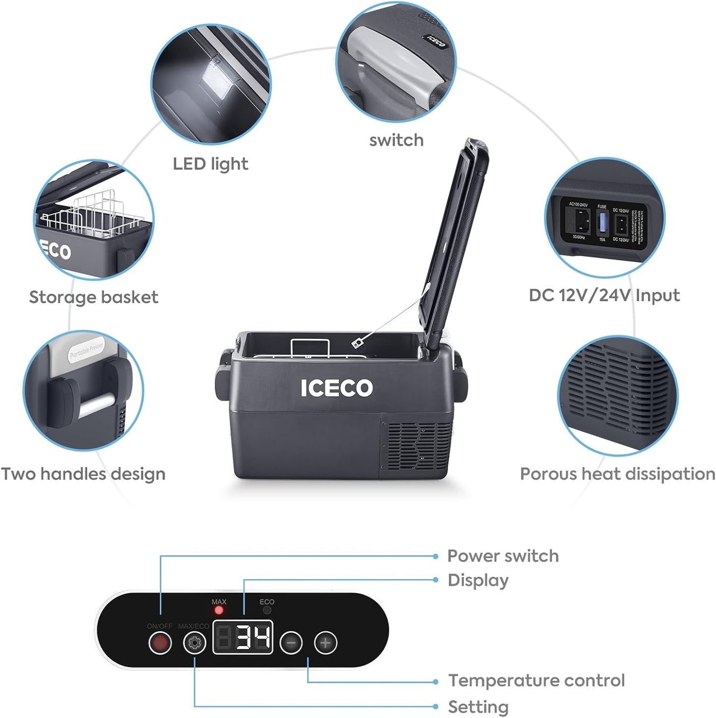 JP30 Portable Refrigerator Fridge Freezer, 30 Liters Car Refrigerator WIFI APP Control, 12V Cooler Refrigerator with SECOP Compressor, for Car & Home Use, 0℉ ~50℉,DC 12/24V, AC 110/240V