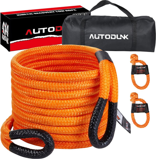 1" X 30' Kinetic Recovery & Tow Rope (33,000Lbs), with 2 Soft Shackles (33,000Lbs) Offroad Recovery Kit for 4WD Pick up Truck, SUV, ATV, UTV (Orange)