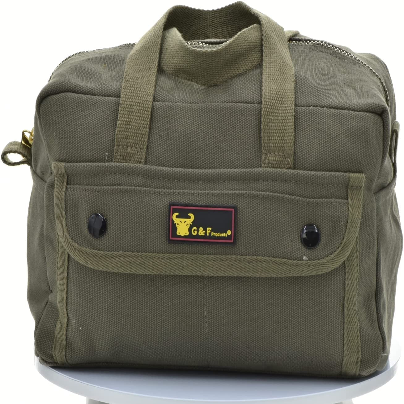 Government Issued Style Mechanics Heavy Duty Tool Bag with Brass Zipper and Side Pockets, Tool Bag for Cars, Drill, Garden, and Electrician. Olive Green , 11" X 7" X 6"