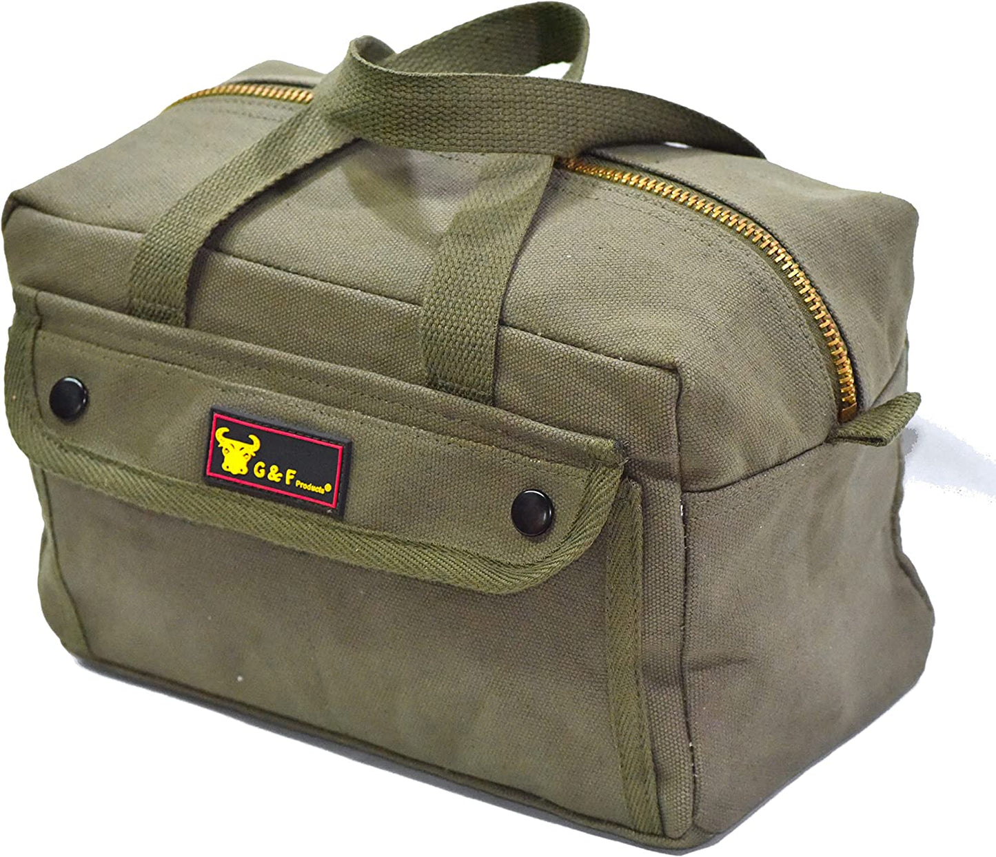 Government Issued Style Mechanics Heavy Duty Tool Bag with Brass Zipper and Side Pockets, Tool Bag for Cars, Drill, Garden, and Electrician. Olive Green , 11" X 7" X 6"