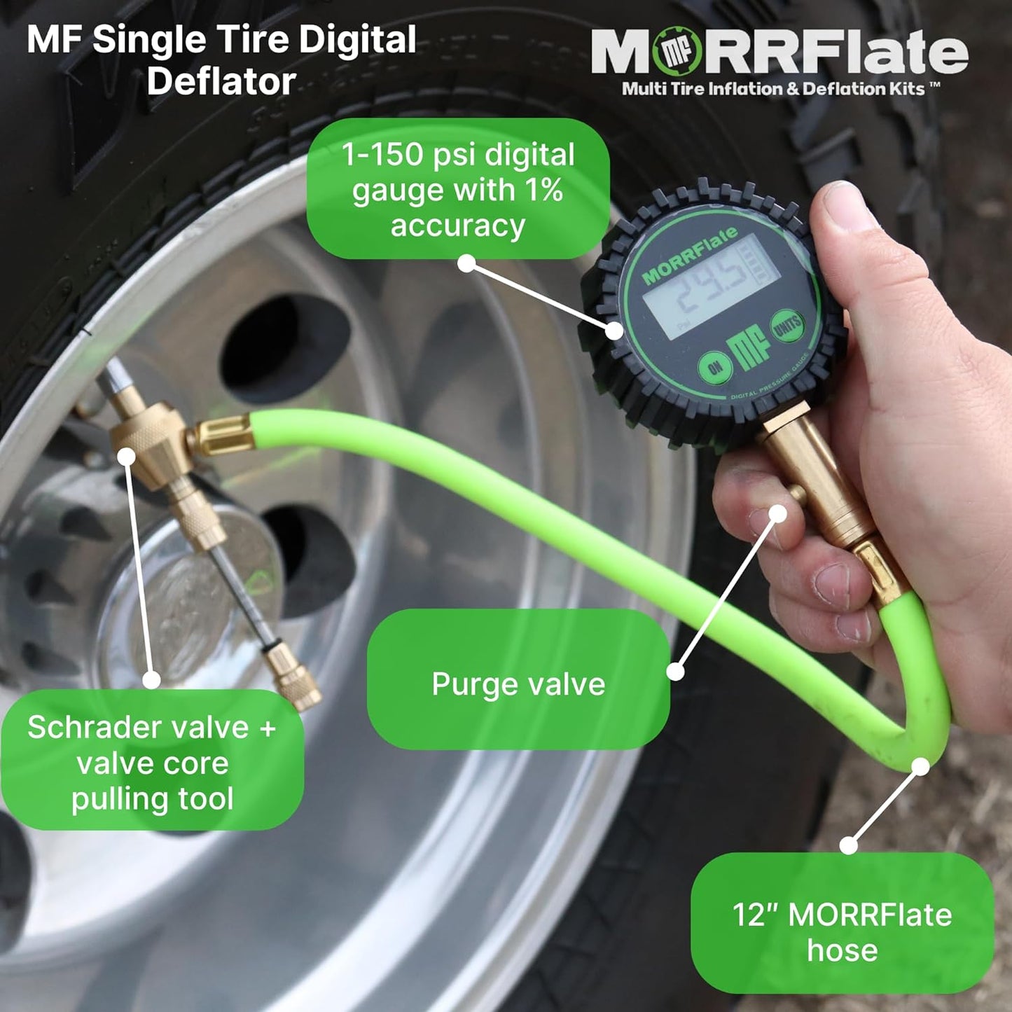 Single Tire Deflator | Rapid Air Deflator with 1-150 PSI Digital Gauge | Includes Purge Valve, 12 Inch Hose, and Rip Away Molle Panel Carrying Case