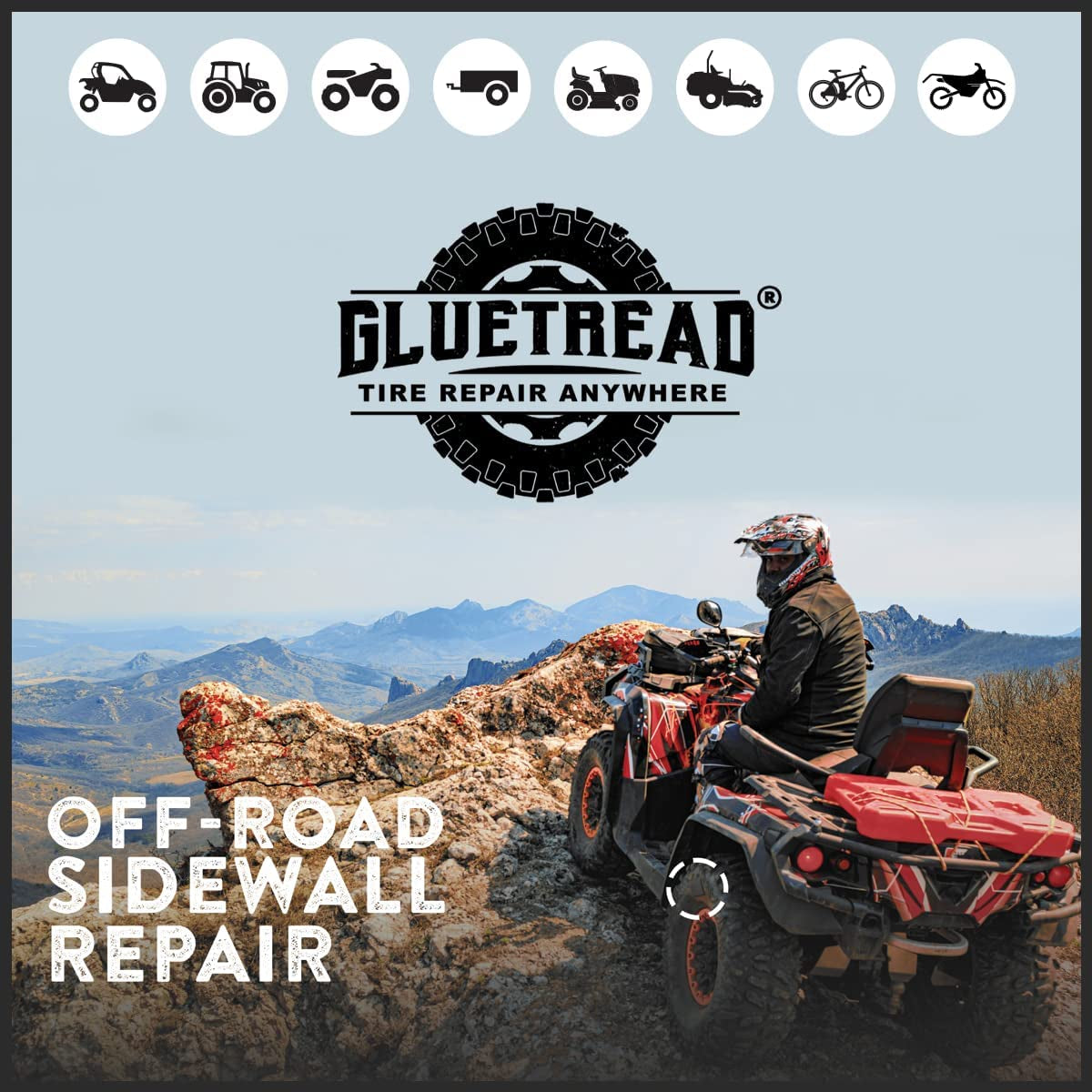 Gluetread Sidewall Tire Repair Kit | Patch Sidewall of Your Tire | Kit Includes (1) 4"X4.5"X3/16 Patch (4) Pieces of Sandpaper, Adhesive & Instructions | Atv Tire Repair Kit for Off-Road Use Only