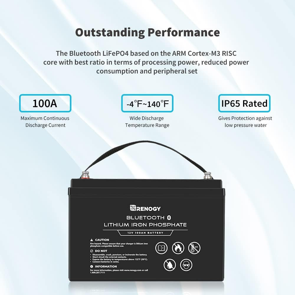 12V 100Ah Lithium Lifepo4 Deep Cycle Battery with Bluetooth,2000+Deep Cycles,Backup Power Perfect for Rv,Off-Road,Cabin,Marine,Off-Grid Home Energy Storage(2Pics)