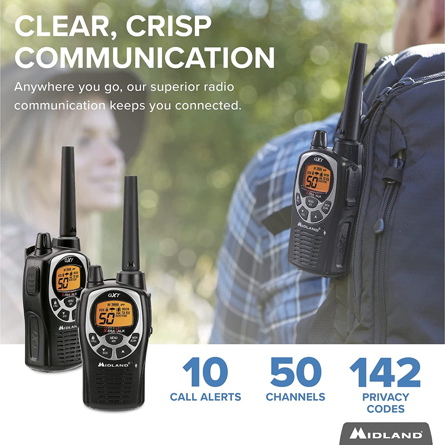 GXT1000VP4 - 50 Channel GMRS Two-Way Radio - Long Range Walkie Talkie with 142 Privacy Codes, SOS Siren, and NOAA Weather Alerts and Weather Scan (Black/Silver, Pair Pack)