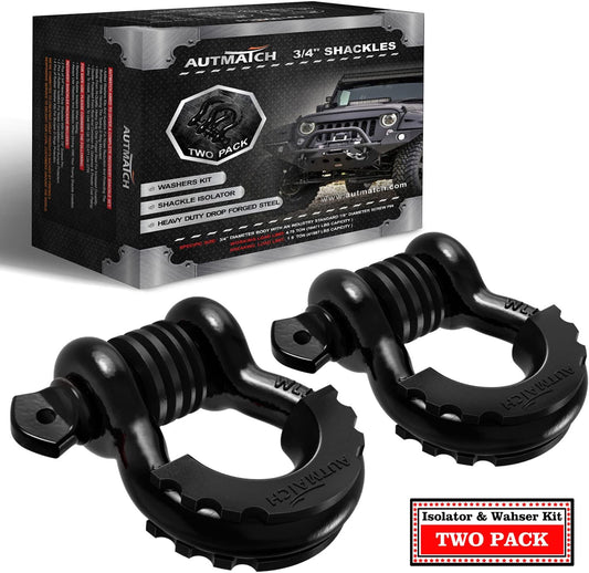 D Ring Shackle 3/4" Shackles (2 Pack) 41,887Ibs Break Strength with 7/8" Screw Pin and Shackle Isolator Washers Kit for Tow Strap Winch off Road Vehicle Recovery Black