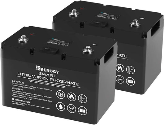 2 Pack Smart Lithium-Iron Phosphate Battery 12V 100Ah W/Self-Heating Function for RV, Solar, Marine, and Off-Grid Applications