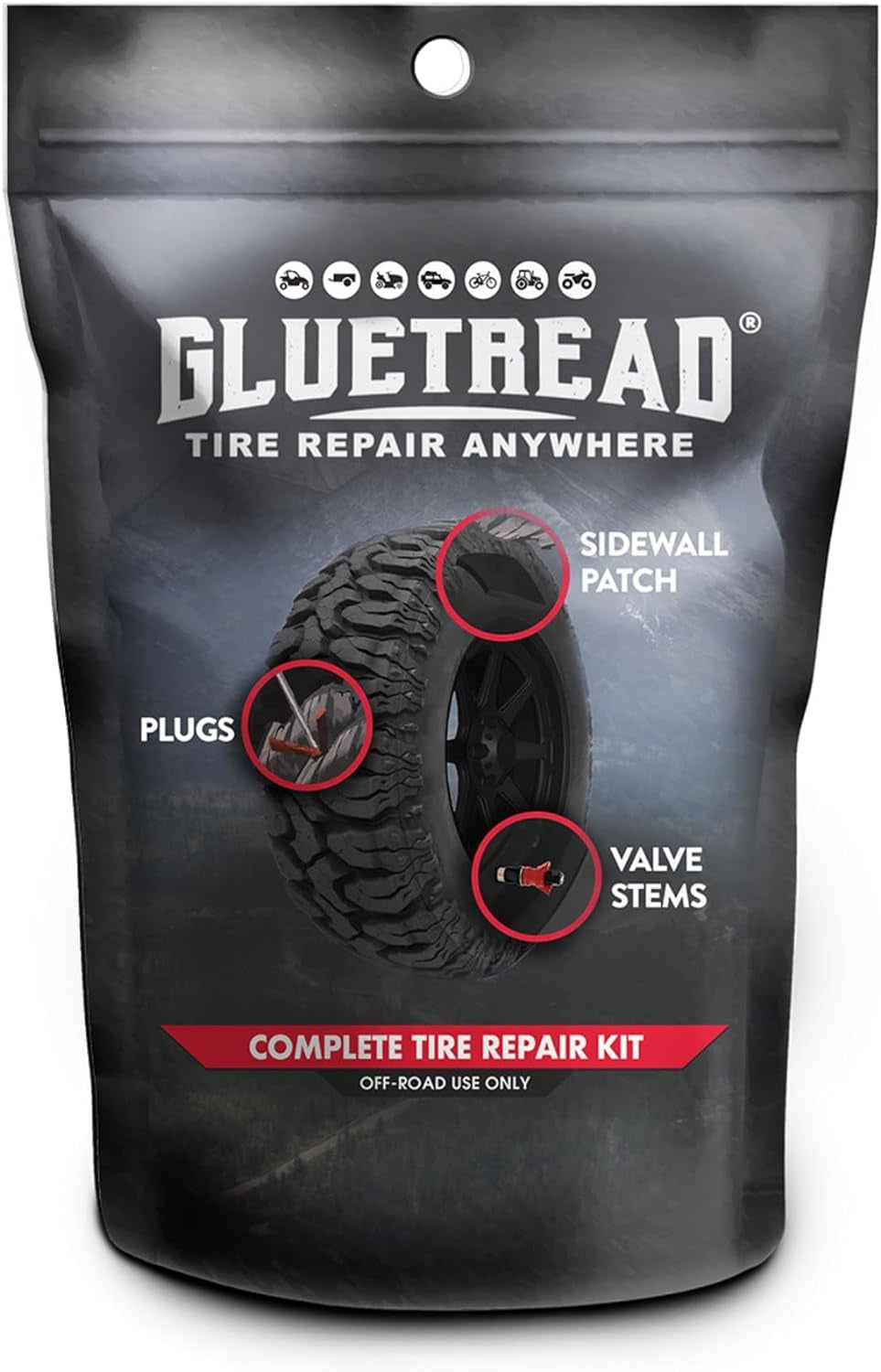 Gluetread Complete Off-Road Tire Repair Kit | Repair Any Kind of Puncture | Kit Includes Sidewall Tire Repair Patches, Plugs and Colby Emergency Valve Stems